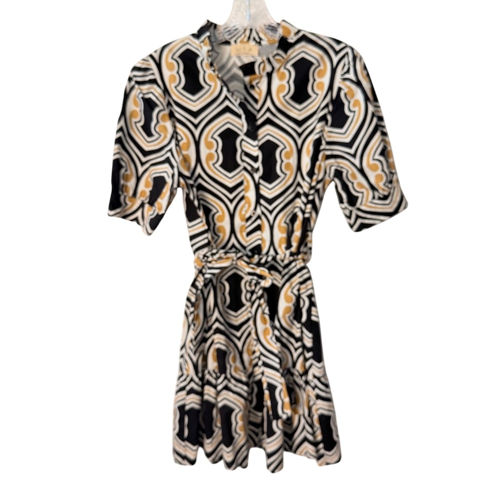 SOFIA Black Gold Geometric Mod Chic Shirt Dress Belted Short Sleeve Size XS
